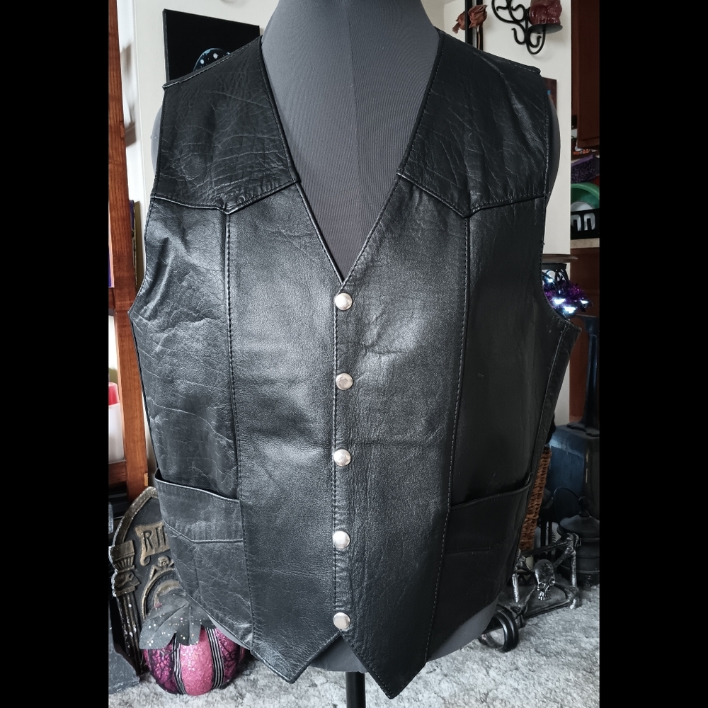 🖤🧡 Interstate Leather Mens Black Leather Vest L Large Biker Motorcyle Vintage